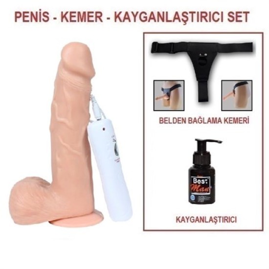 18 cm Belden Bağlamalı Titreşimli Realistik Dildo Penis Set