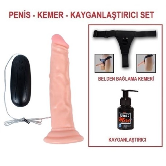 18,5 cm Belden Bağlamalı Titreşimli Realistik Testissiz Dildo Penis Set