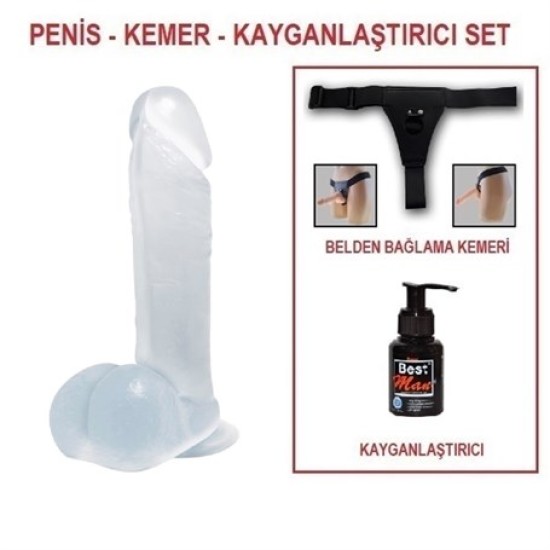 19 cm Belden Bağlamalı Şeffaf Realistik Damarlı Vantuzlu Dildo Penis