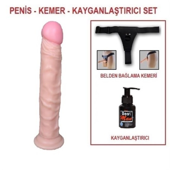 24 cm Belden Bağlamalı Realistik Testissiz Dildo Penis Set