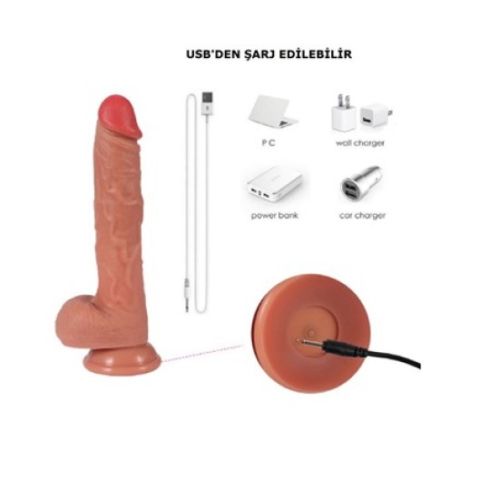 USB Şarjlı 22 cm Belden Bağlamalı İleri Geri Hareketli Gerçekçi Silikon Vantuzlu Penis